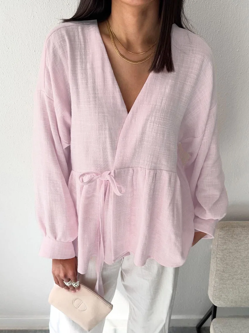 2025 autumn shirt women's design sense, lace up wrapped long sleeved shirt temperament, fashionable commuting style
