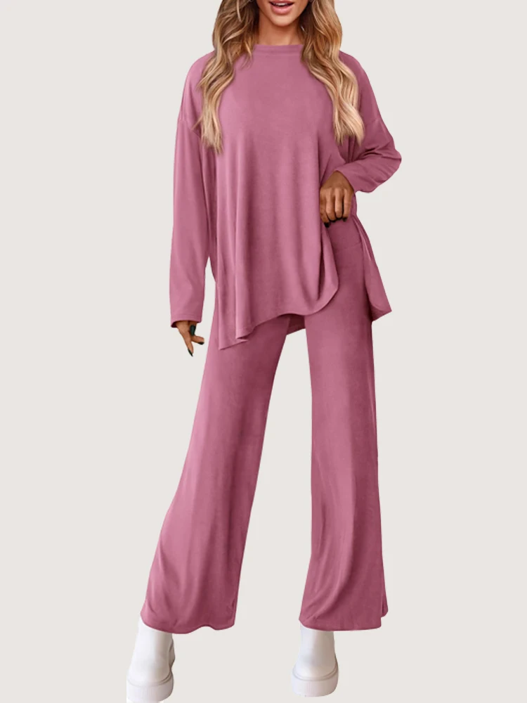 2025 Autumn/Winter Casual Set Women's Solid Color Round Neck Long Sleeve Wide Leg Pants Sports Home Clothes Hot Selling - Image 2