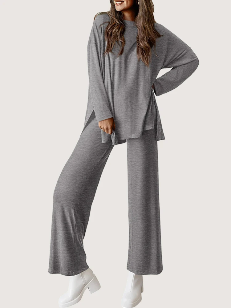 2025 Autumn/Winter Casual Set Women's Solid Color Round Neck Long Sleeve Wide Leg Pants Sports Home Clothes Hot Selling