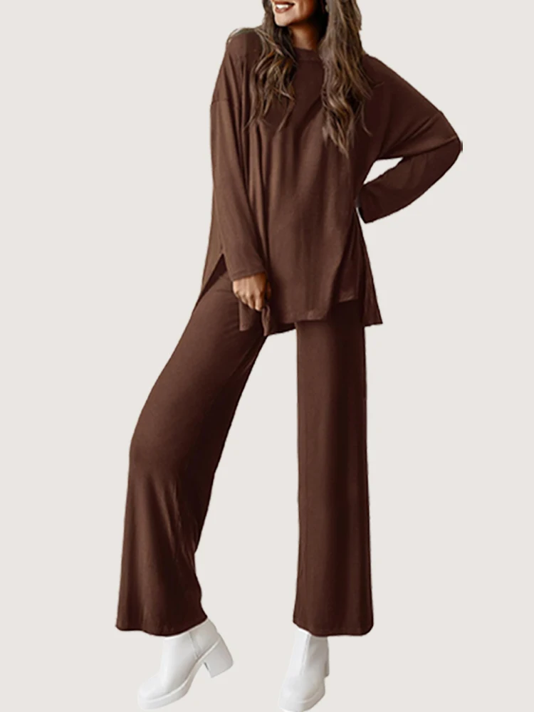 2025 Autumn/Winter Casual Set Women's Solid Color Round Neck Long Sleeve Wide Leg Pants Sports Home Clothes Hot Selling - Image 4