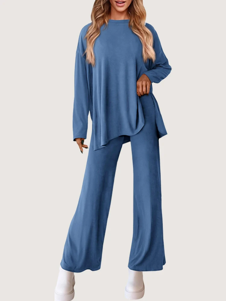 2025 Autumn/Winter Casual Set Women's Solid Color Round Neck Long Sleeve Wide Leg Pants Sports Home Clothes Hot Selling - Image 3