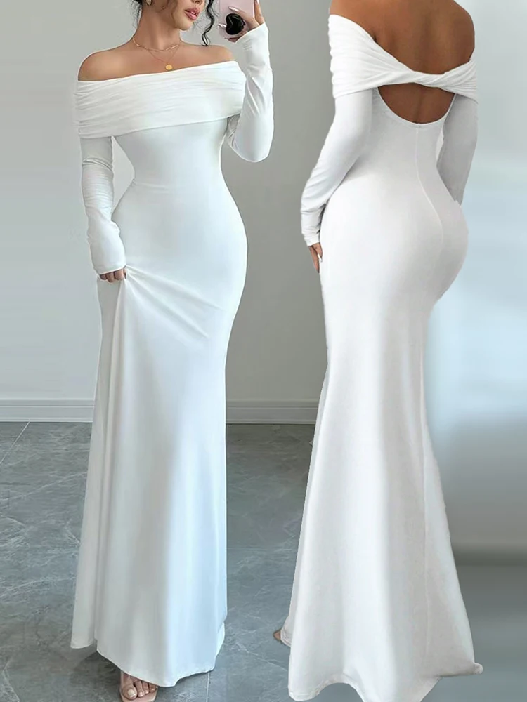 2025 Autumn/Winter Women's Bareback Sexy Single Shoulder Dress Elegant Long Dress Evening Dress